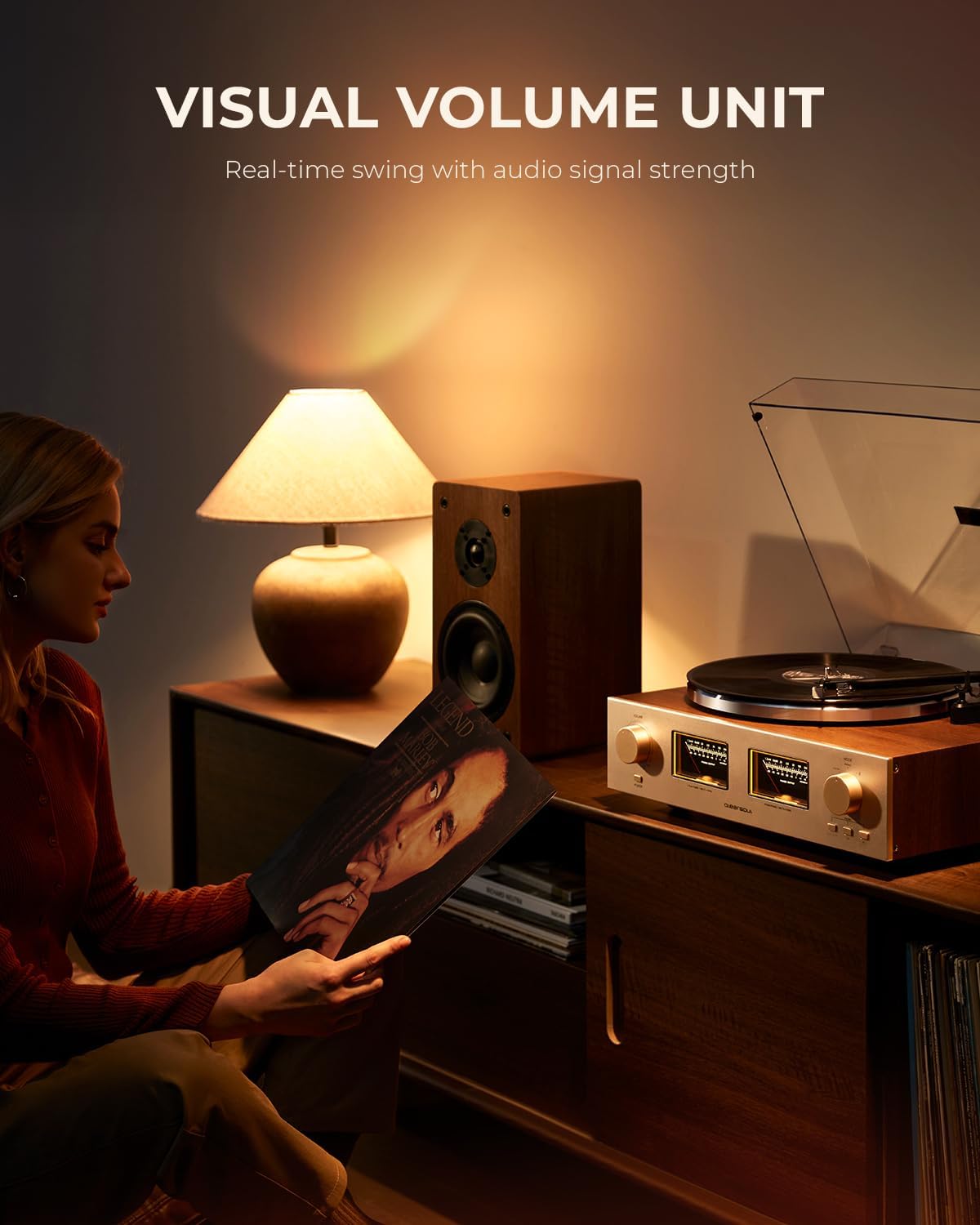 HiFire X Vinyl Record Player with 100W Speakers VU Meter Walnut