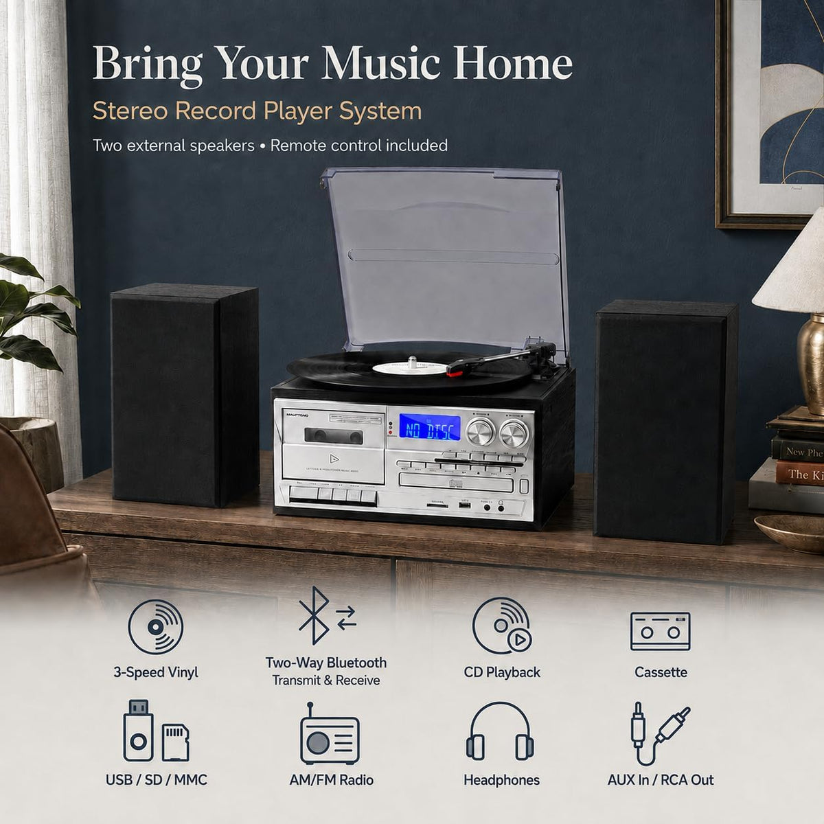 T408 10-in-1 3-Speed Vintage Record Player with External Speakers