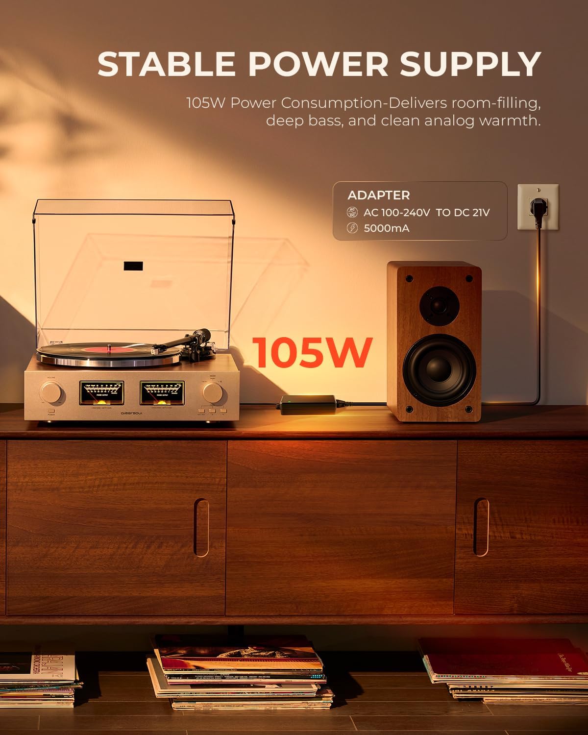 HiFire X Vinyl Record Player with 100W Speakers VU Meter Walnut