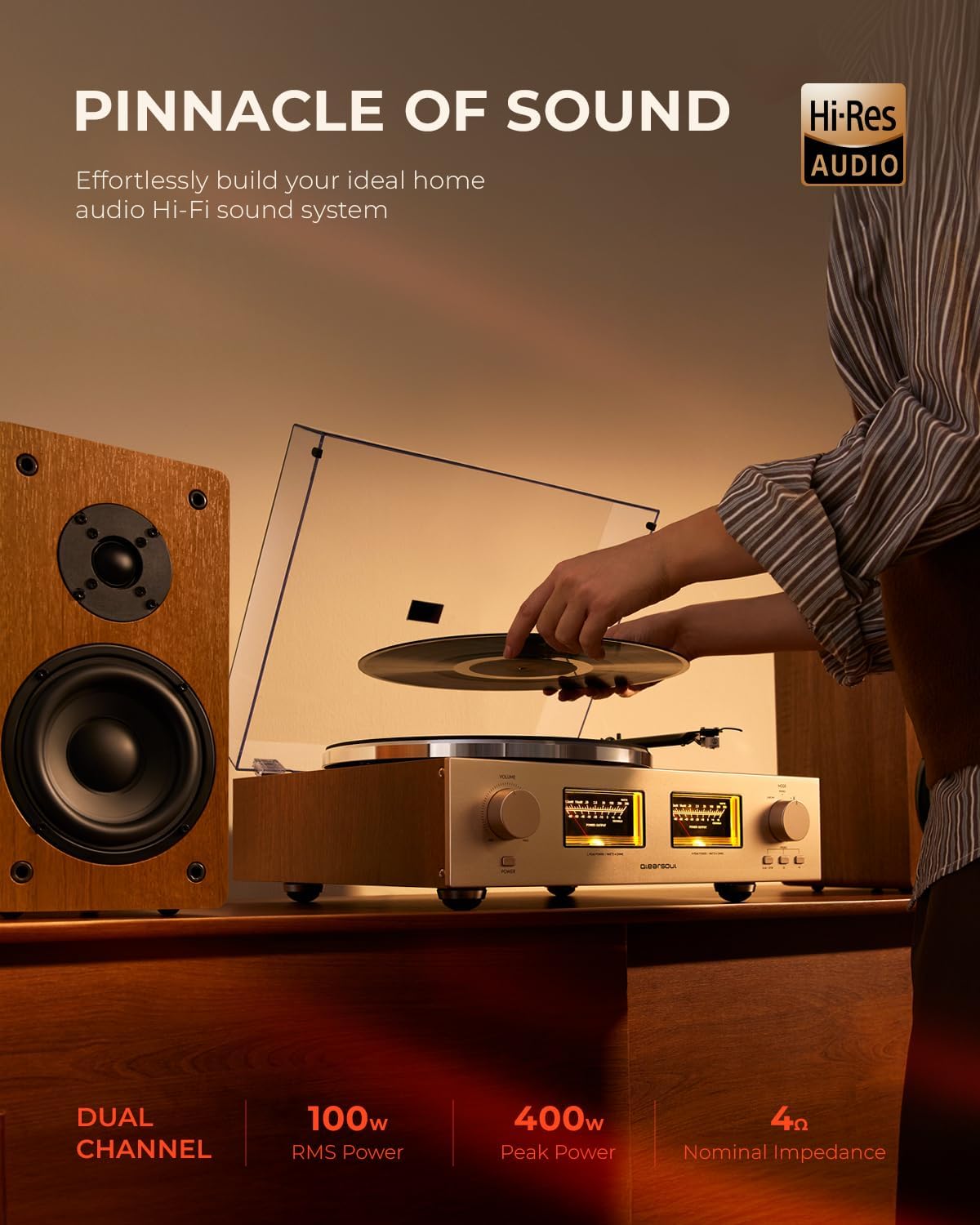 HiFire X Vinyl Record Player with 100W Speakers VU Meter Walnut
