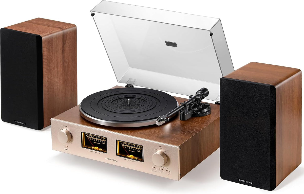 HiFire X Vinyl Record Player with 100W Speakers VU Meter Walnut