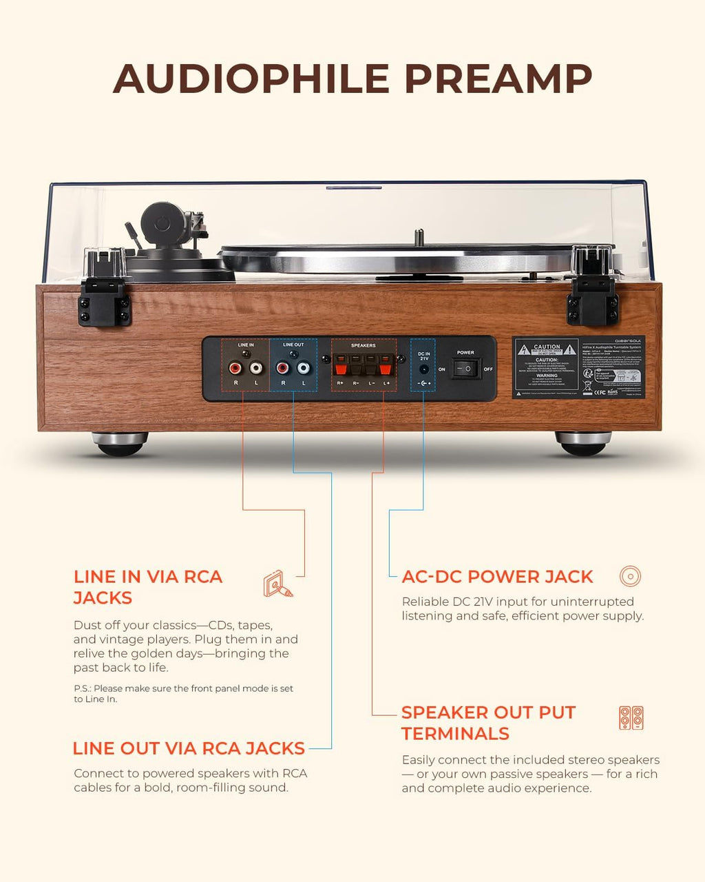 HiFire X Vinyl Record Player with 100W Speakers VU Meter Walnut