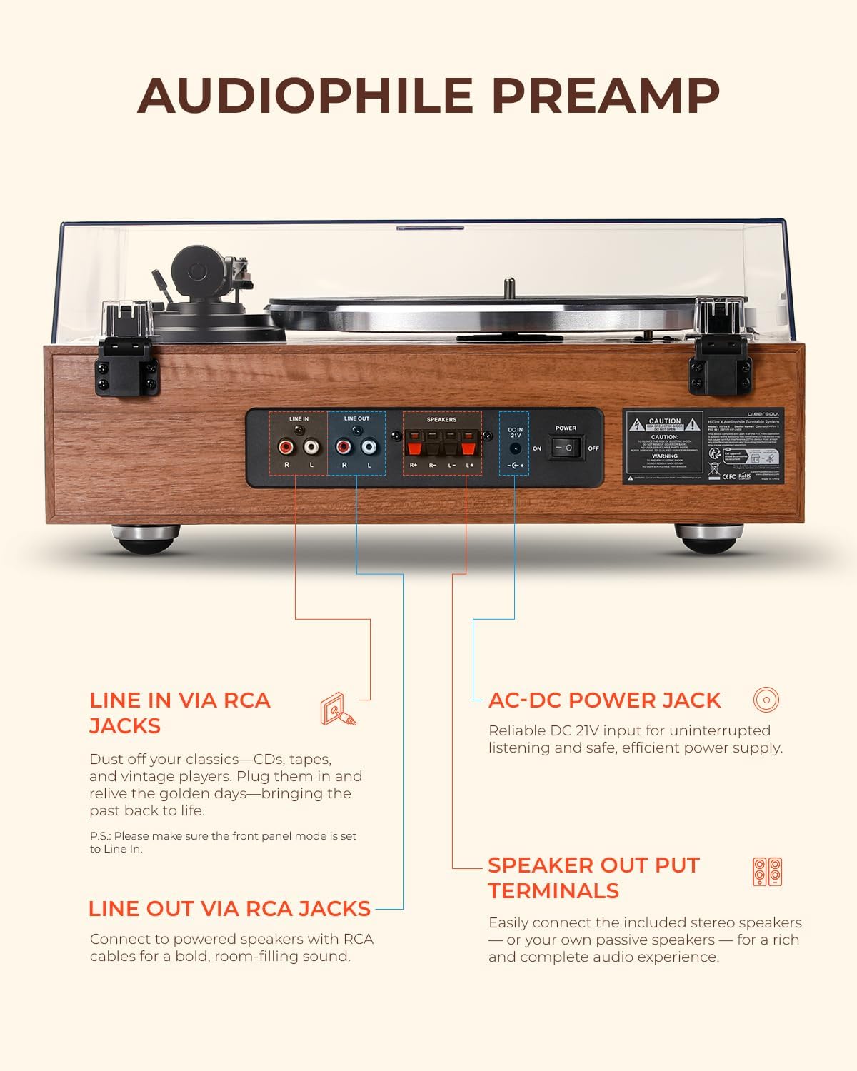 HiFire X Vinyl Record Player with 100W Speakers VU Meter Walnut