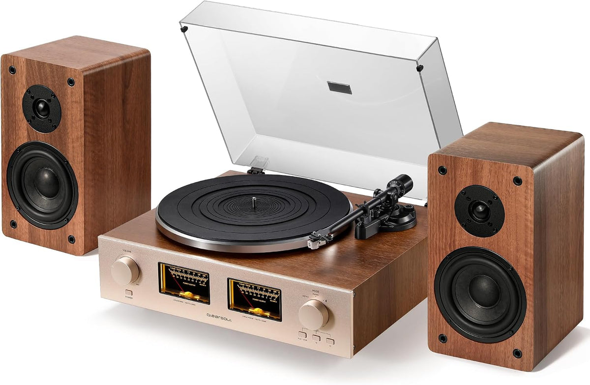 HiFire X Vinyl Record Player with 100W Speakers VU Meter Walnut