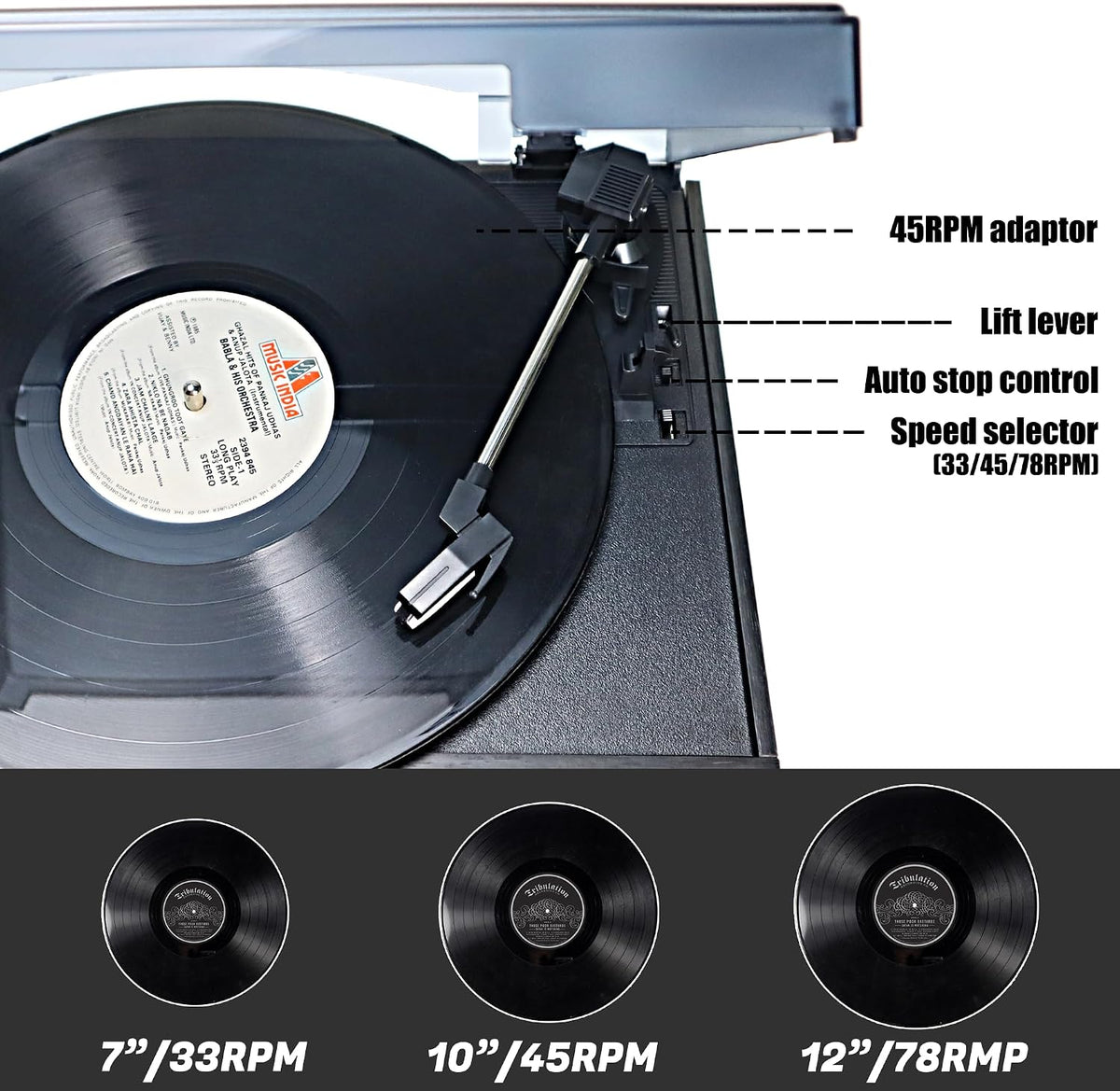 TR-18CDSP 10-in-1 3-Speed Vintage Turntable with Dual 15W Speakers
