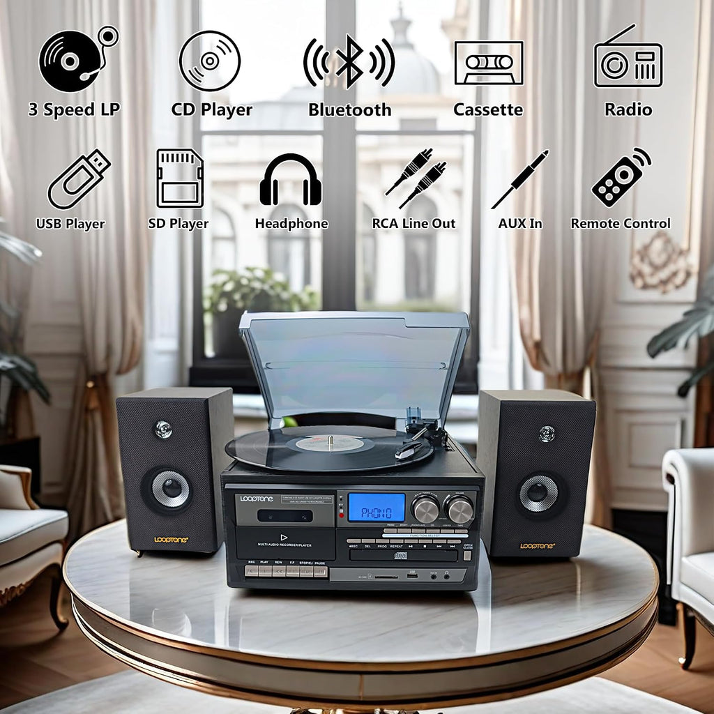 TR-18CDSP 10-in-1 3-Speed Vintage Turntable with Dual 15W Speakers