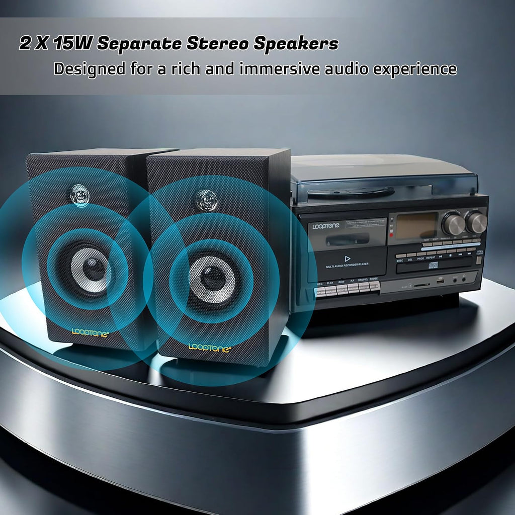 TR-18CDSP 10-in-1 3-Speed Vintage Turntable with Dual 15W Speakers