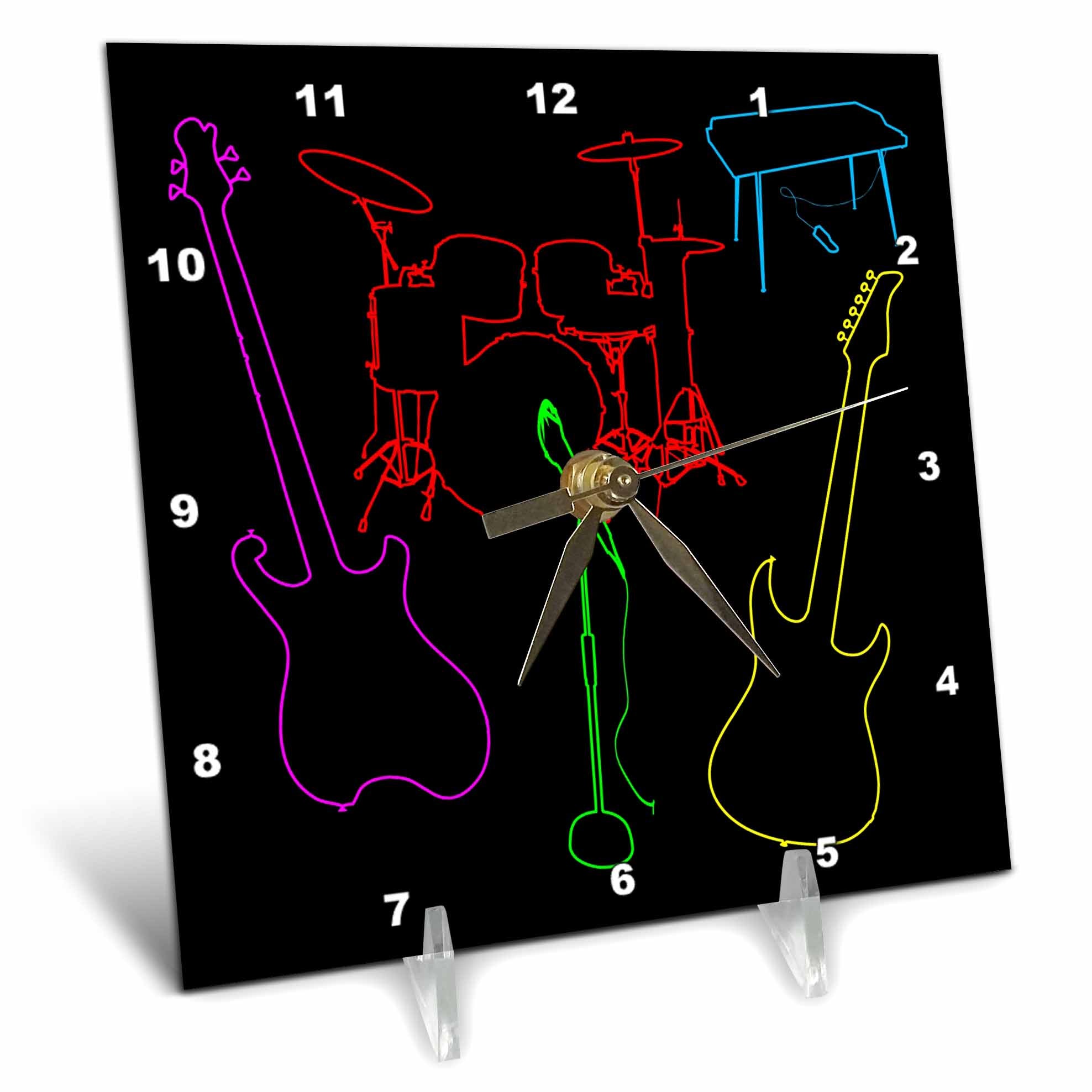 3dRose Alexis Design - Musical Instruments - Colorful Silhouette Images of Guitars, Drums, Keyboard, Microphone - Desk Clocks