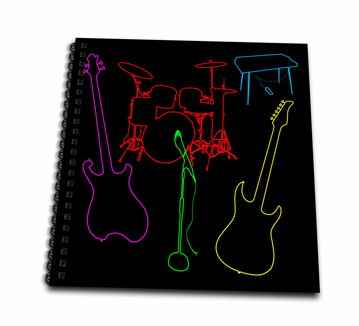 3dRose Alexis Design - Musical Instruments - Colorful Silhouette Images of Guitars, Drums, Keyboard, Microphone - Drawing Book