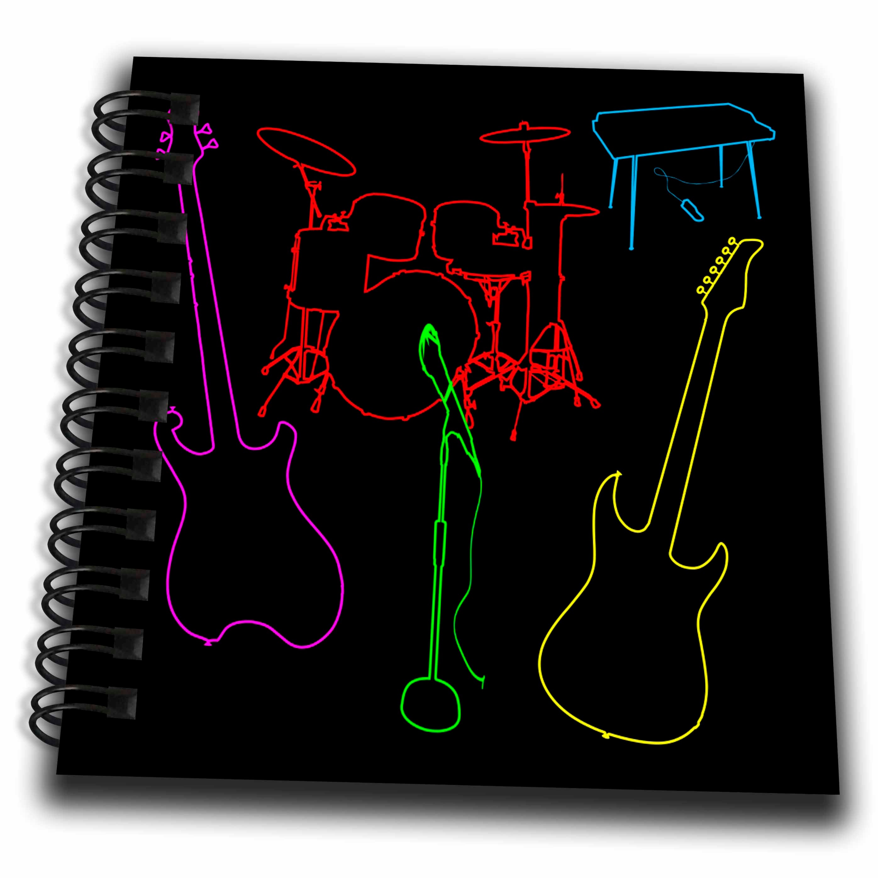 3dRose Alexis Design - Musical Instruments - Colorful Silhouette Images of Guitars, Drums, Keyboard, Microphone - Drawing Book
