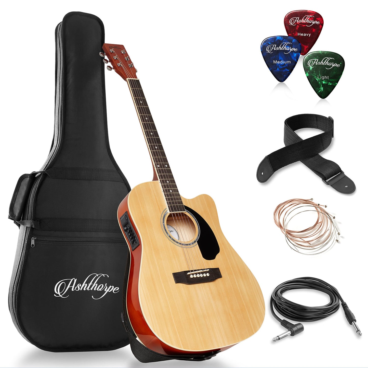 Ashthorpe Full-Size Cutaway Thinline Acoustic-Electric Guitar Package Premium Tonewoods, Blue Sigbeez