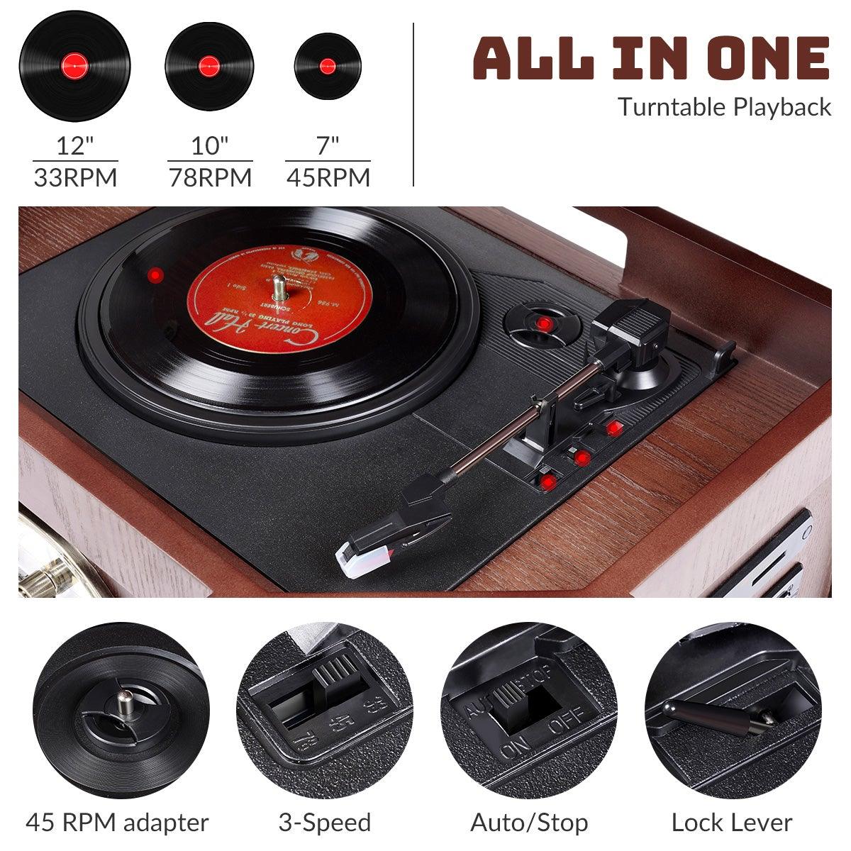Direct Power 10-in-1 Nostalgic Bluetooth Record Player with 3-Speed Turntable , Support CD/ Cassette/ USB, Aux-in/RCA /Headphone Jack GONZALABES