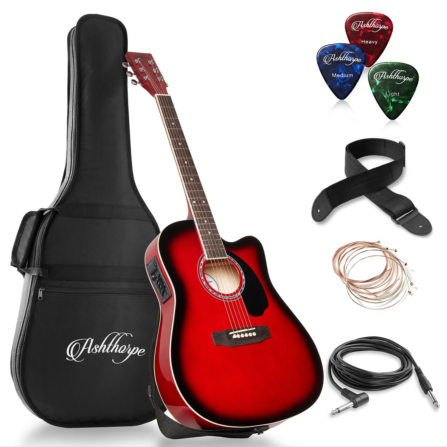 Ashthorpe Full-Size Cutaway Thinline Acoustic-Electric Guitar Package Premium Tonewoods, Blue Sigbeez
